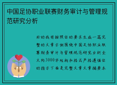 中国足协职业联赛财务审计与管理规范研究分析 中国足协职业联赛财务审计与管理规范研究分析